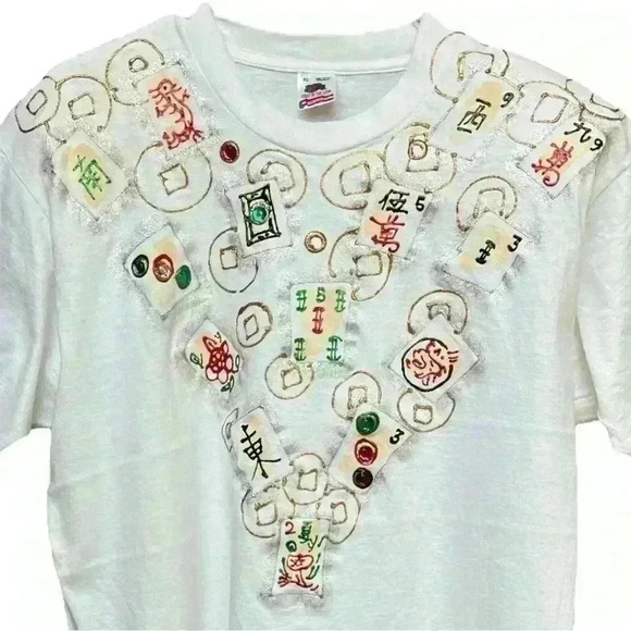 Vintage 80s 90s Bedazzled Handmade Oversized Mahjong Tee T shirt XL - Picture 2 of 10